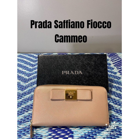 Prada Saffiano Fiocco Cammeo Leather Zip Around Continental Bow Wallet Womens - Picture 1 of 6